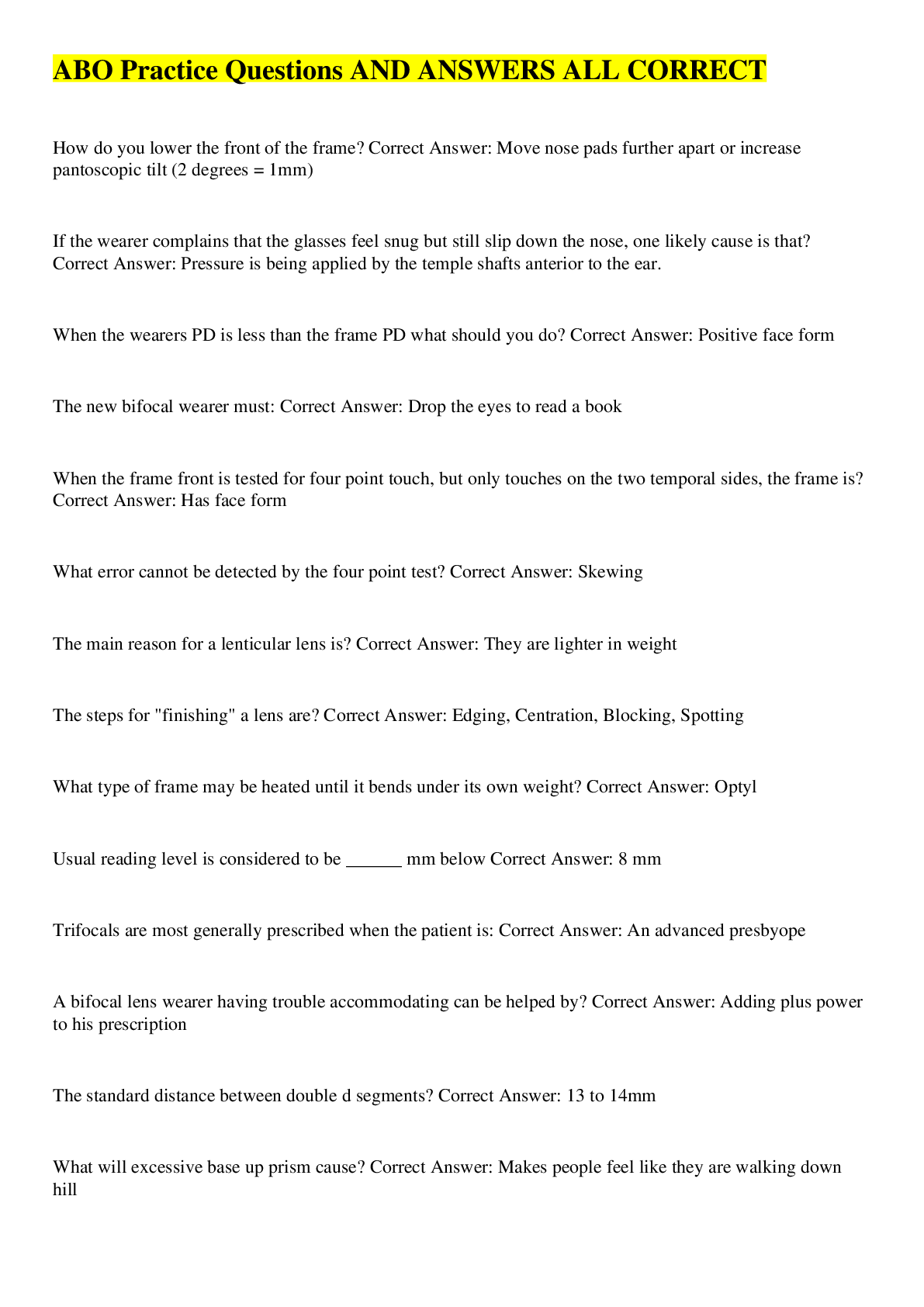 Preview image of ABO Practice Questions AND ANSWERS ALL CORRECT document